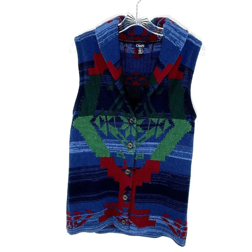 Chaps Cardigan Vest Women M Shawl Collar Sleeveless Button Up‎ Southwest Aztec